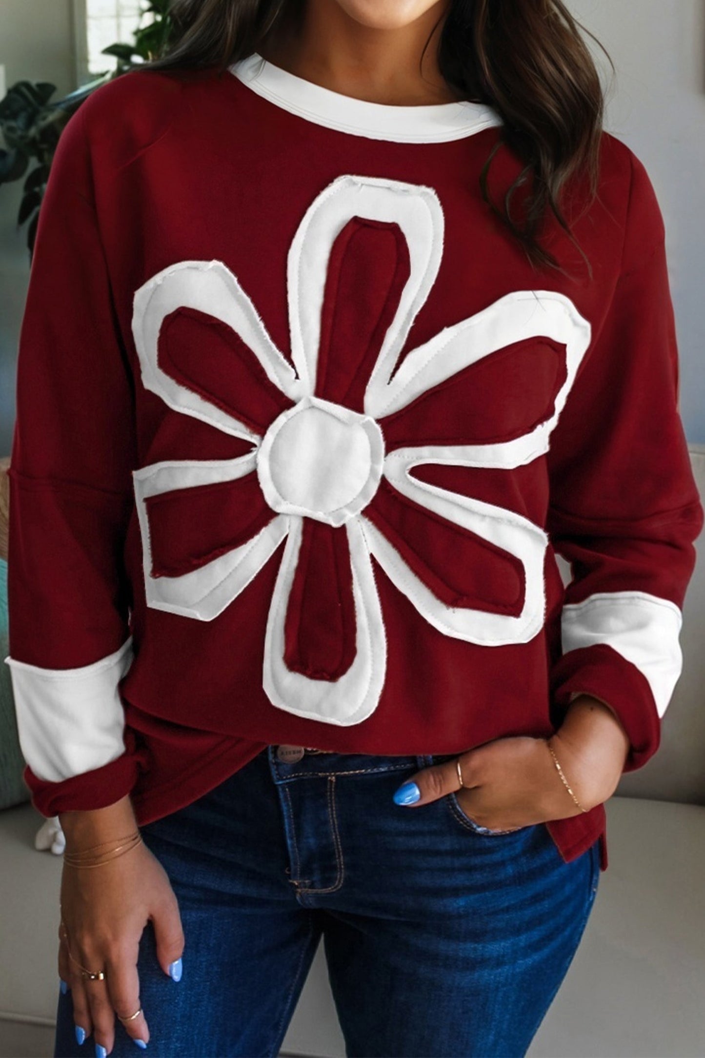 Floral Patch Long Sleeve Crewneck Top