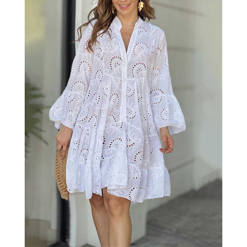 Cotton Embroidery V-neck Loose Dress