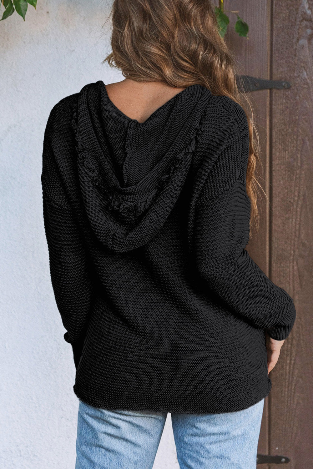 Solid Ribbed Drop Shoulder Hooded V-Neck Sweater