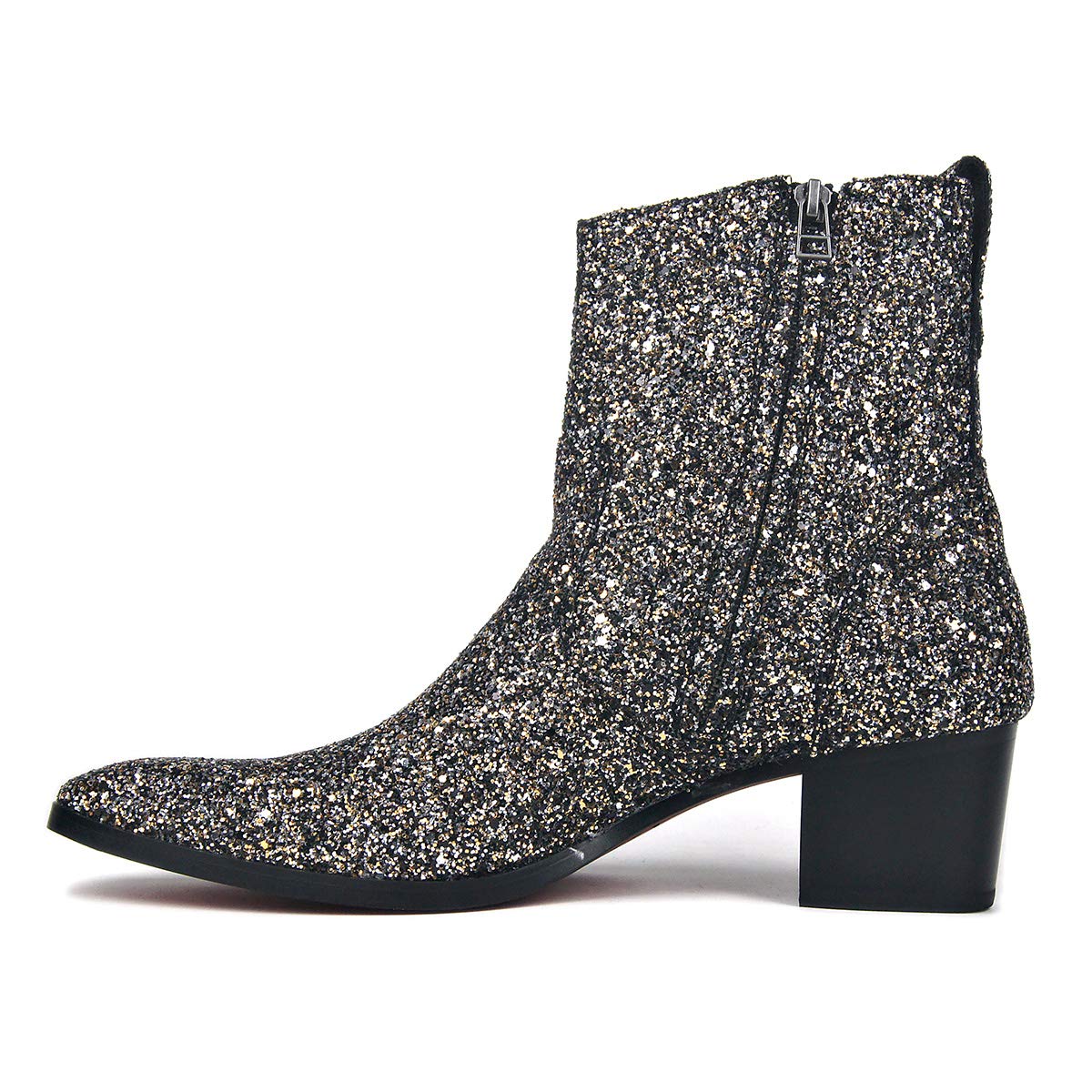 OSSTONE Dress Boot for Men Leather Glitter Chukka Designer Boots Casual Heel Shoes Zipper-up