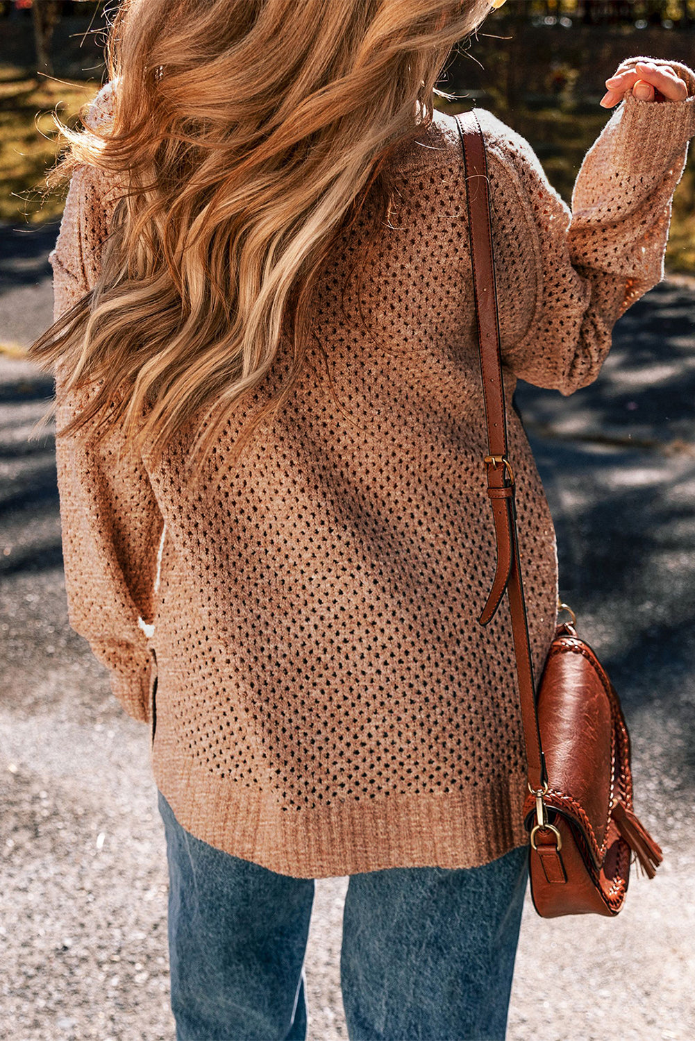 Solid Eyelet V-Neck Drop Shoulder Sweater