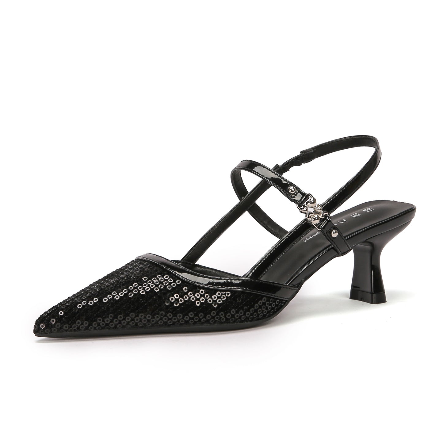 Pointed-toe low-heeled women's shoes with small X-shaped embellishments on the sole