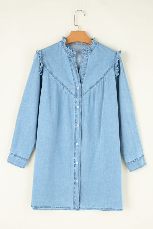 Denim Ruffle V-Neck Buttoned Mini Dress