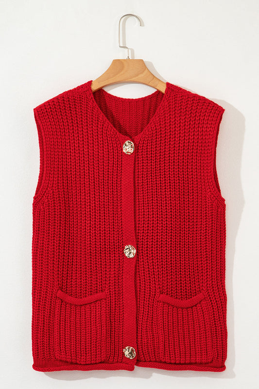 Solid Textured Buttoned Oversized Sweater Vest