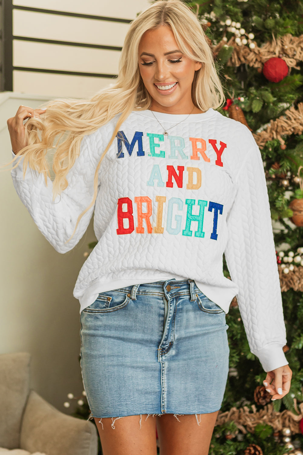 Christmas Merry And Bright Cable Knit Pullover Sweatshirt