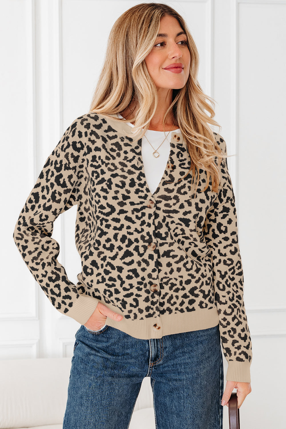Leopard Drop Shoulder Chunky Cardigan Sweater
