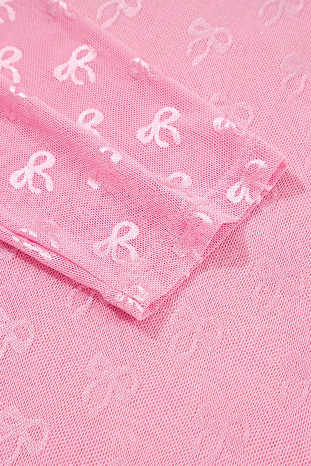 Plus Size Bow Embroidered Long Sleeve Mesh Top