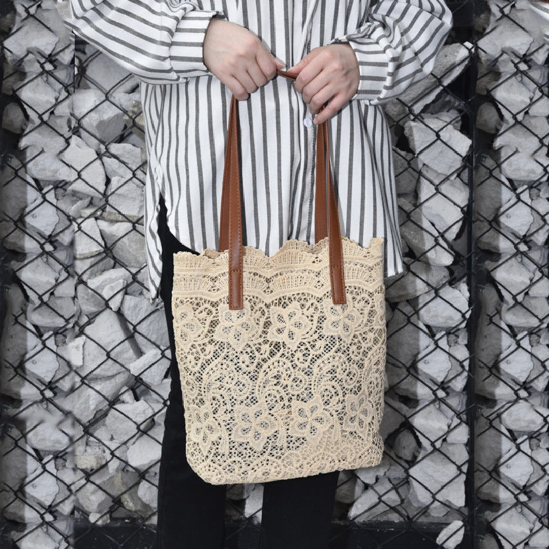 Lace hobo bag for women, shopping shoulder handbag, embroidered flower hollow tote bag