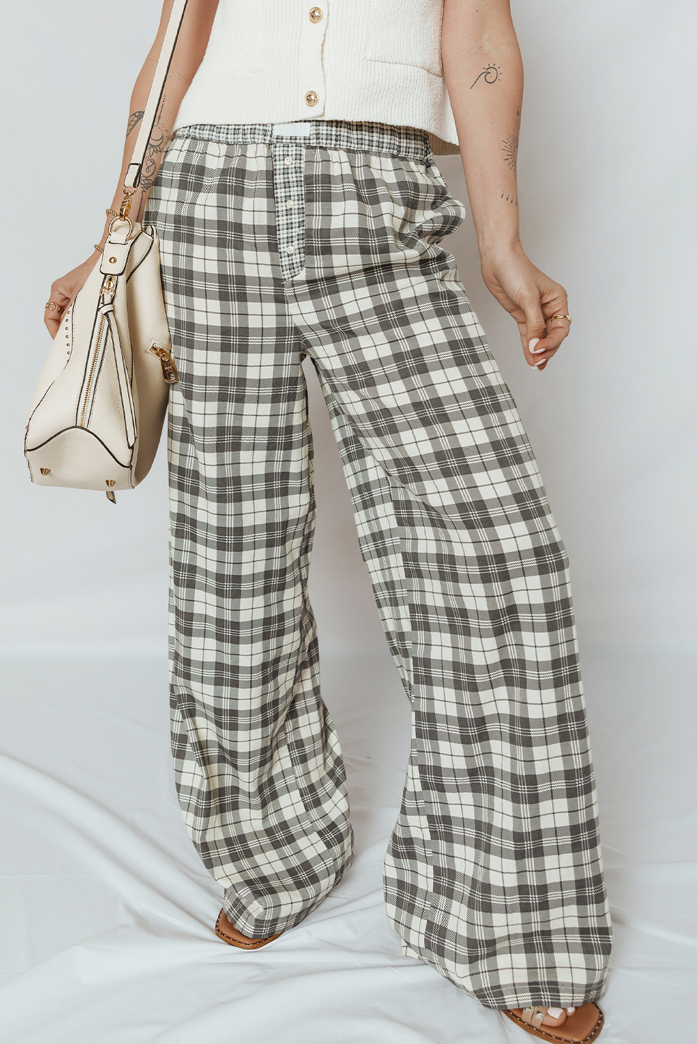 Plaid Patchwork Wide Leg Pants