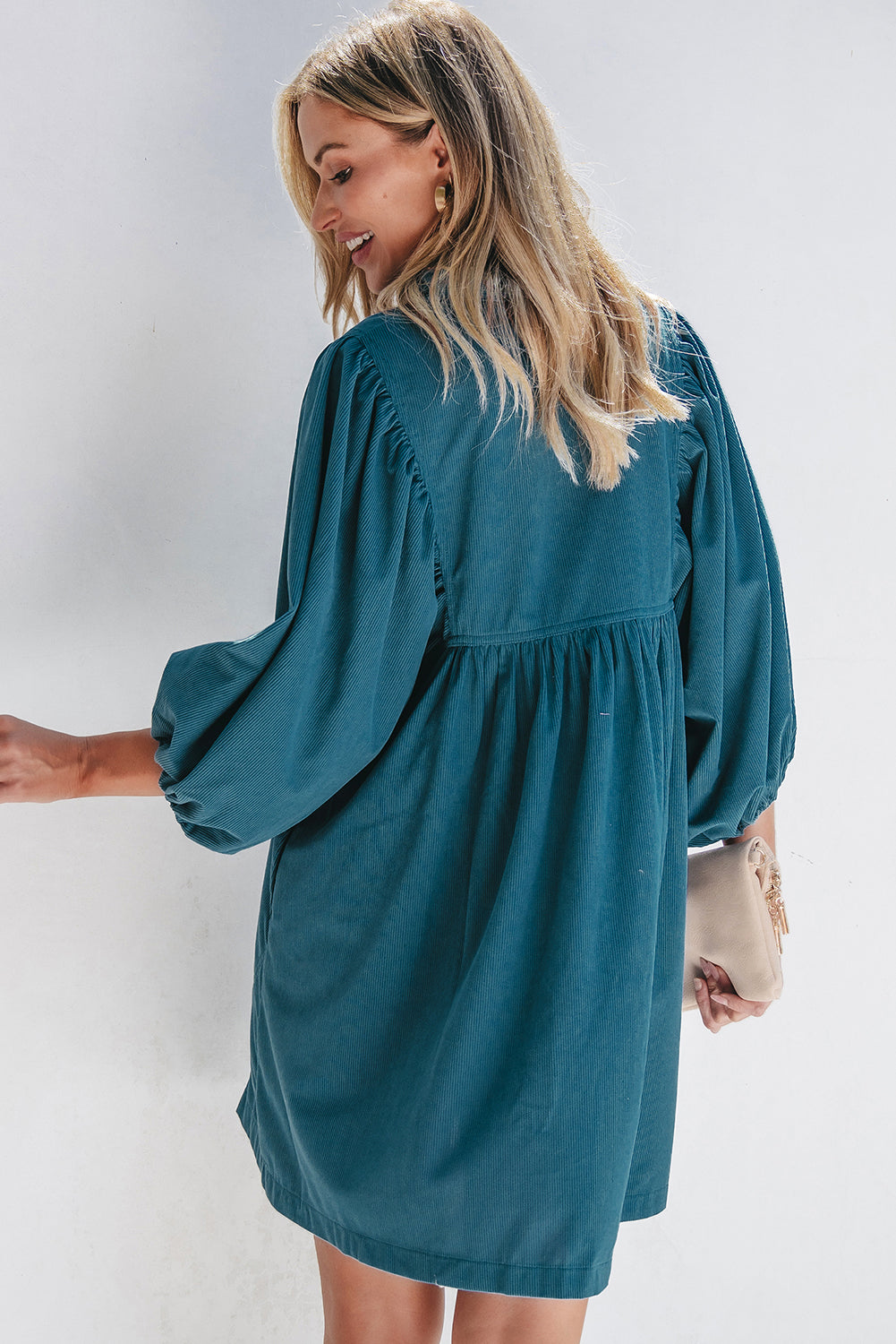 Solid Corduroy 3/4 Sleeve Snap Button Dress