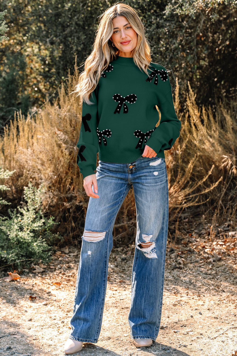 Bow Pearl Embellished Drop Shoulder Sweater