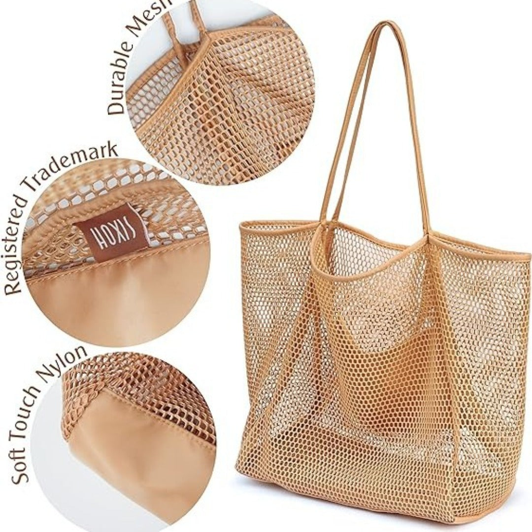 Large Capacity Ladies Beach Bag - Hollow Mesh Tote for Outdoor Travel & Storage