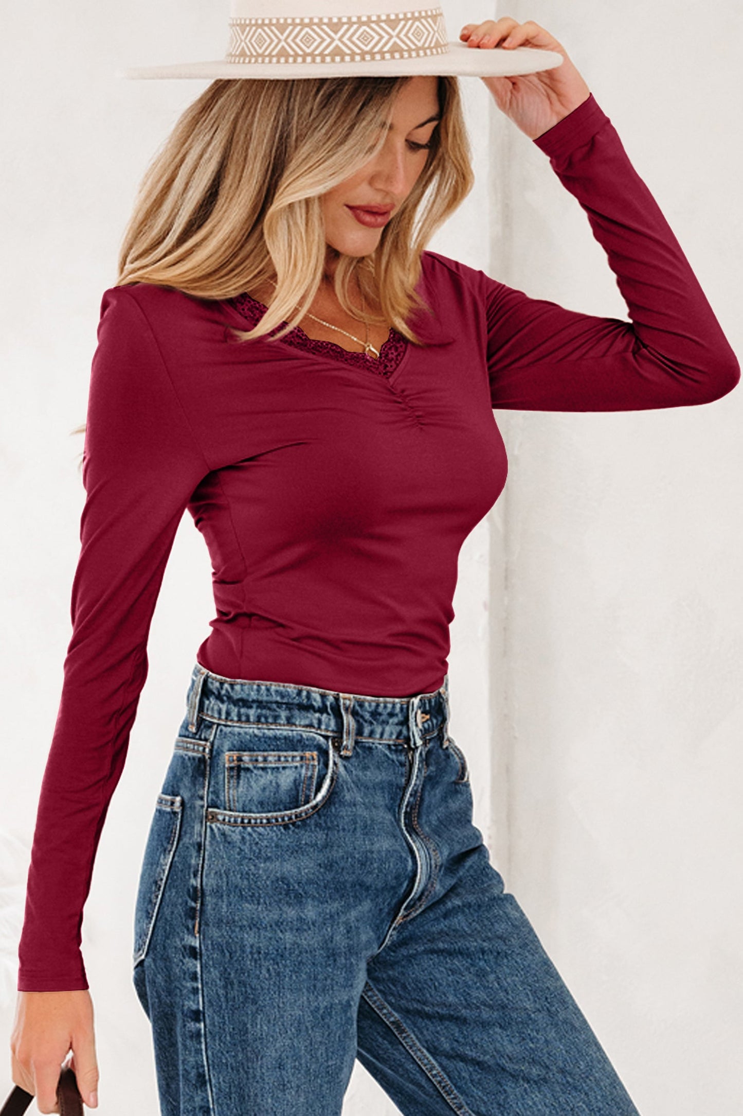 Lace Trim Ruched V-Neck Long Sleeve Top