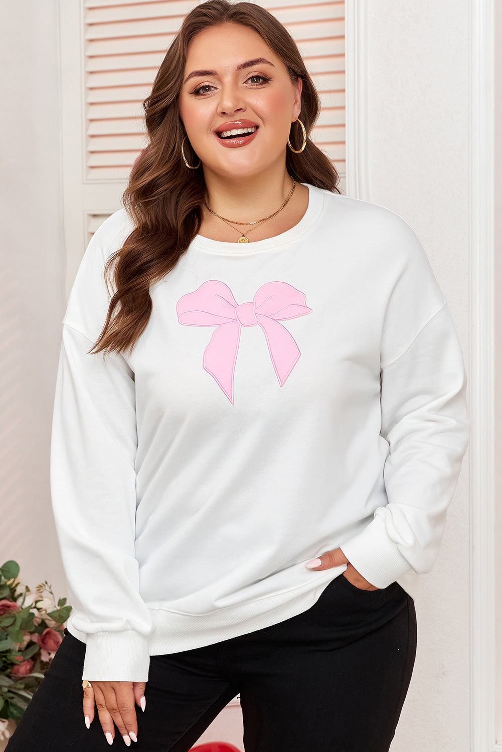 Plus Size Bow Drop Shoulder Sweatshirt