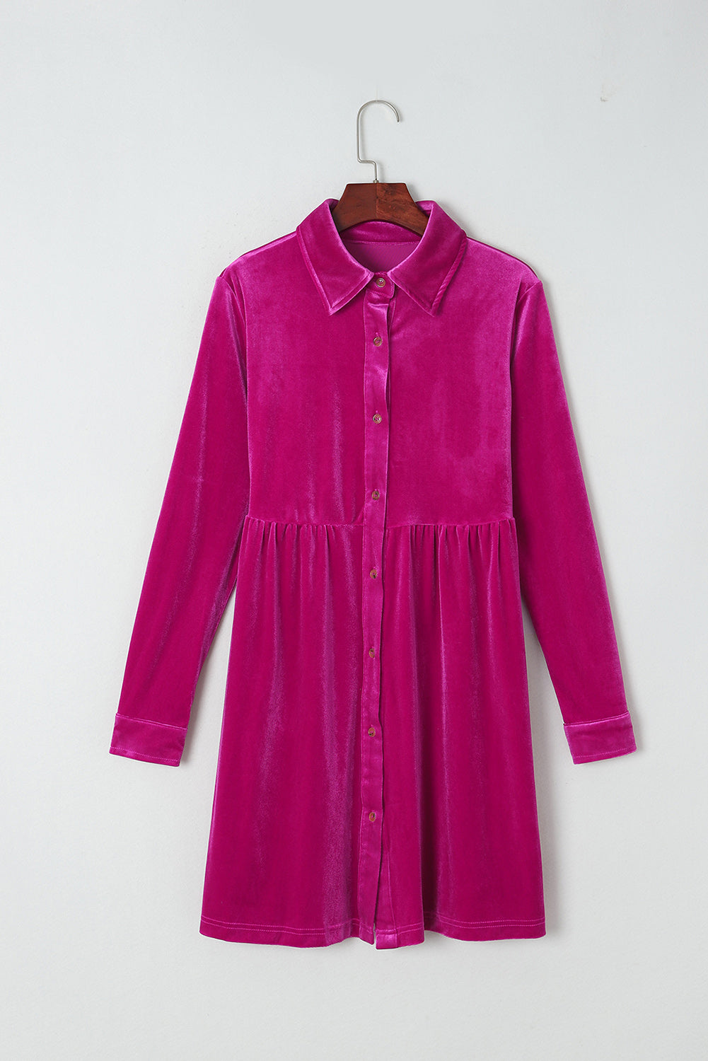 Velvet Button-Up Long Sleeve Ruffle Dress
