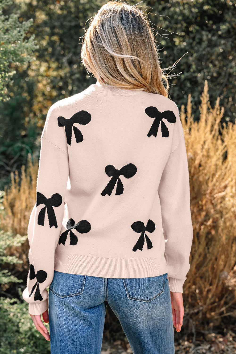 Bow Pearl Embellished Drop Shoulder Sweater