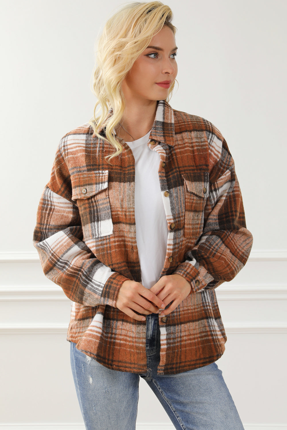 Plaid Flap Chest Pockets Shacket