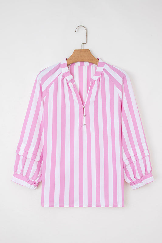 Stripe Puff Sleeve Buttoned V-Neck Blouse