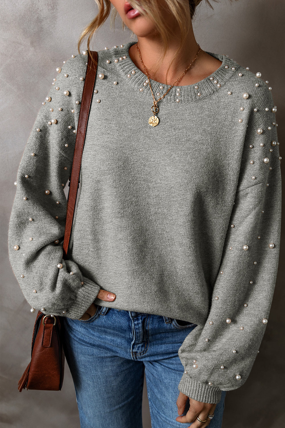 Solid Pearl Drop Shoulder Round Neck Sweater