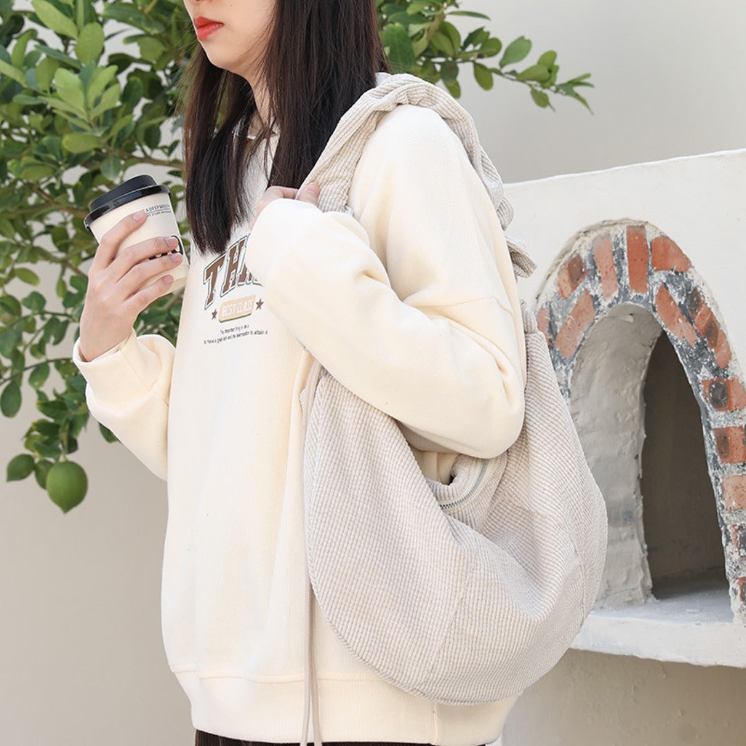 Canvas hobo bag, casual pleated shoulder bag, drawstring corduroy shoulder bag