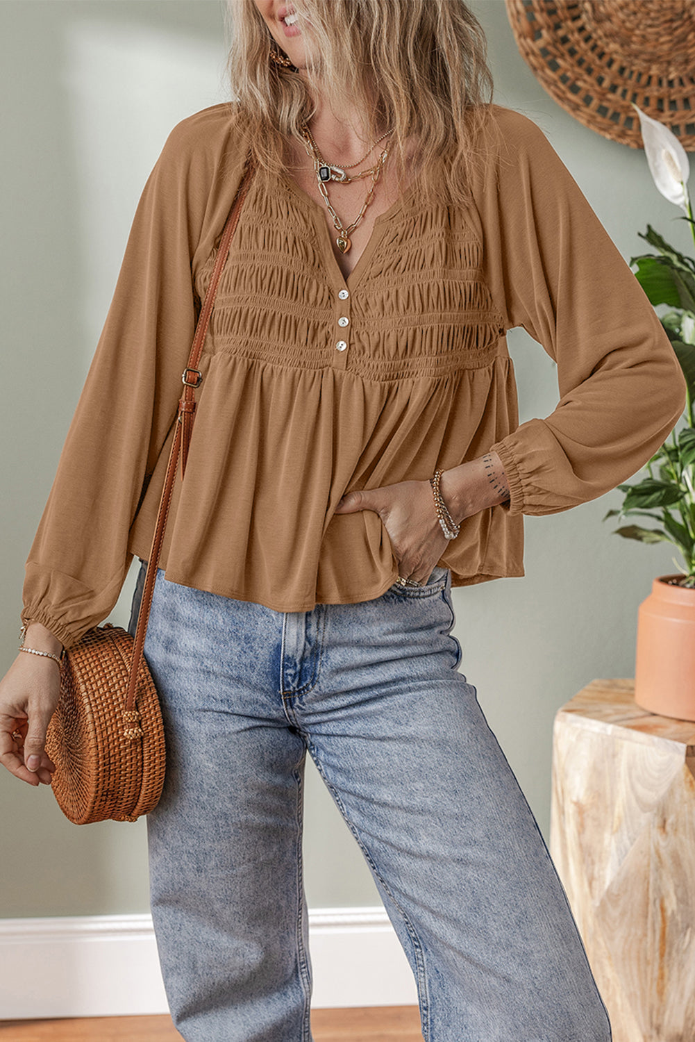 Solid Smocked Split V-Neck Buttoned Blouse