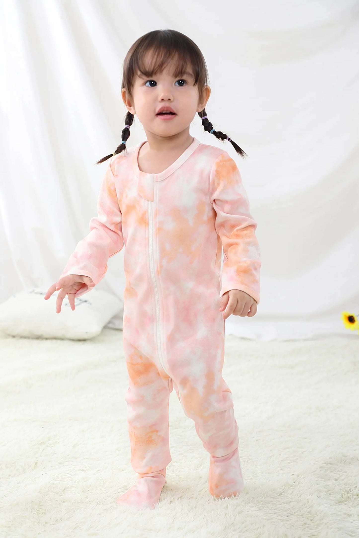 O2 BABY Baby Boys Girls Organic Cotton Zip-Front Sleeper Pajamas, Footed Sleep 'n Play 12-18 Months Orange/Pink 1  - # GIAA212310014