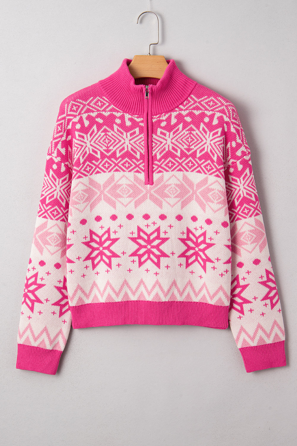 Geometric Christmas Snowflake Quarter Zip Collar Sweater