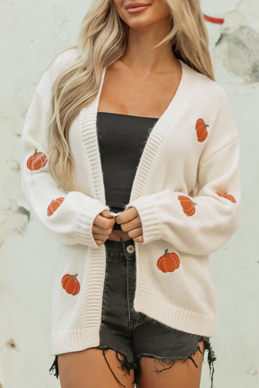 Pumpkin Embroidered Open Front Drop Shoulder Cardigan