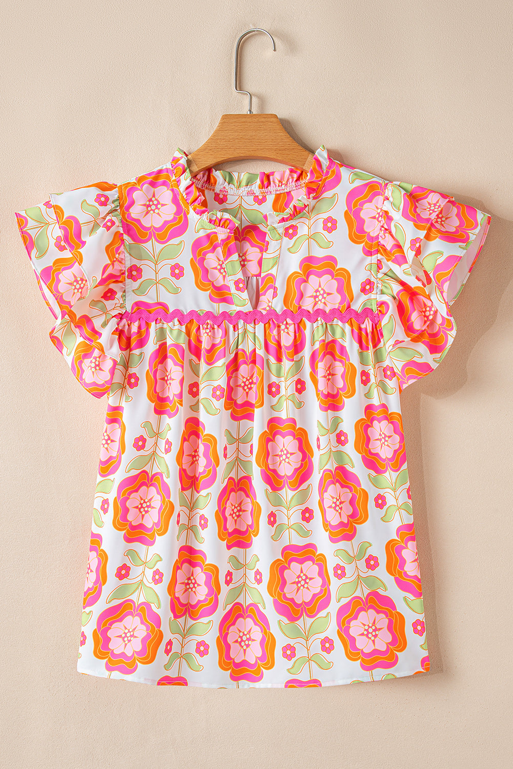 Floral Ricrac Trim  Ruffle Sleeve Blouse