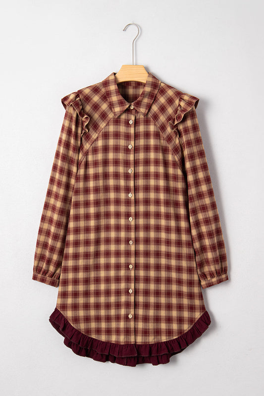 Plaid Patchwork Ruffle Hem Long Sleeve Mini Dress
