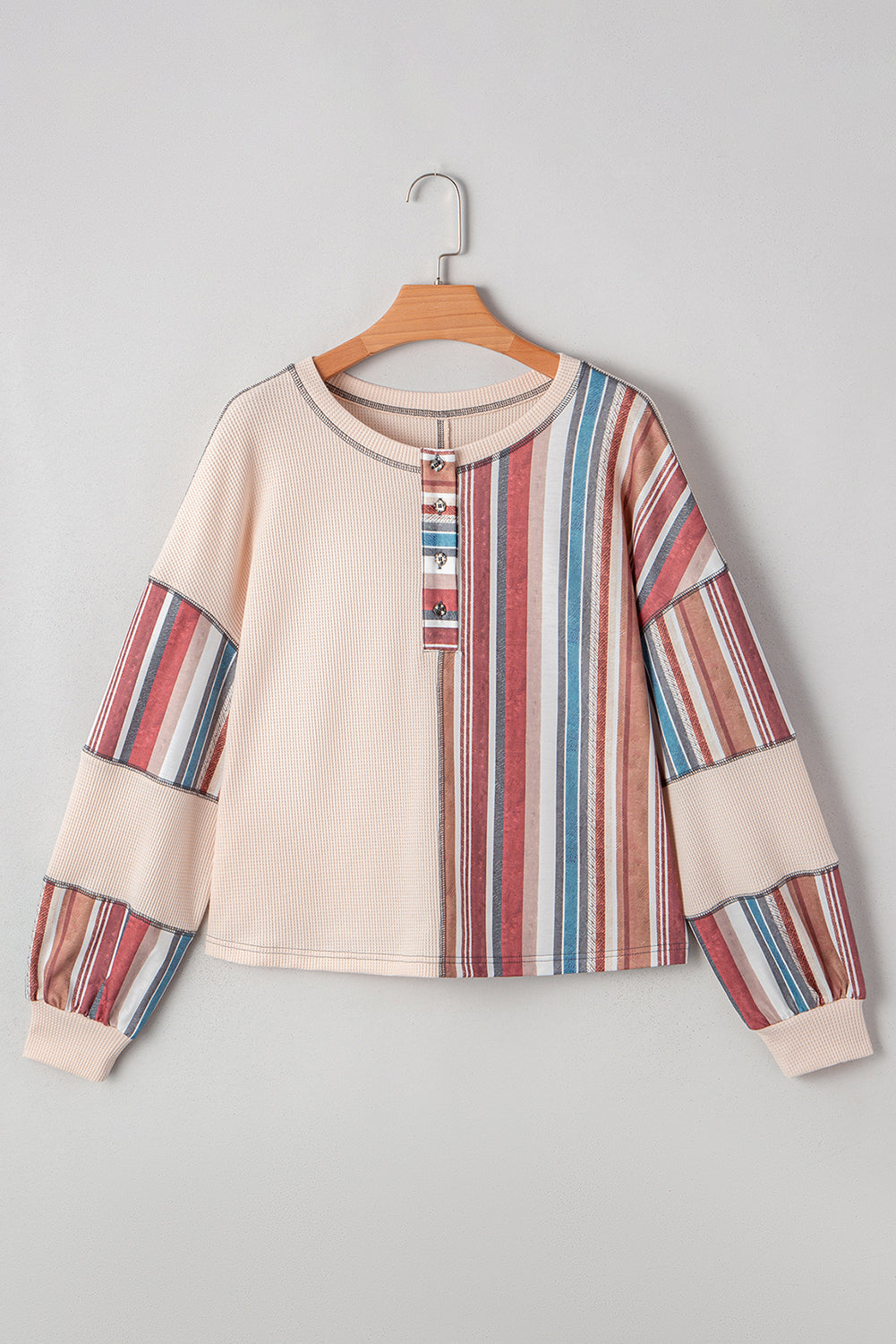 Stripe Waffle Knit Patchwork Raw Edge Henley Top