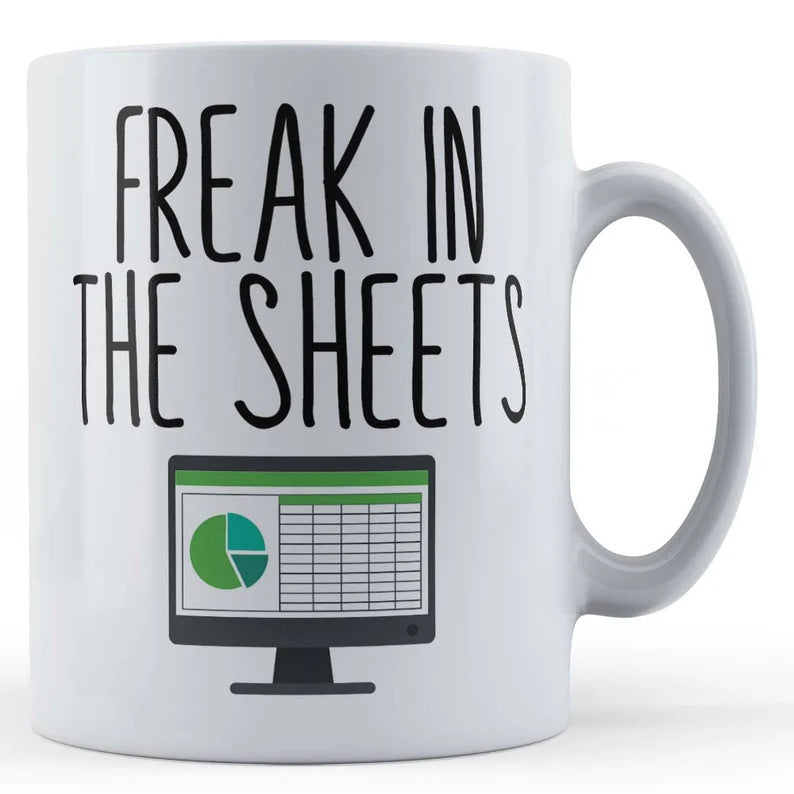 Spreadsheet-themed ceramic coffee mug