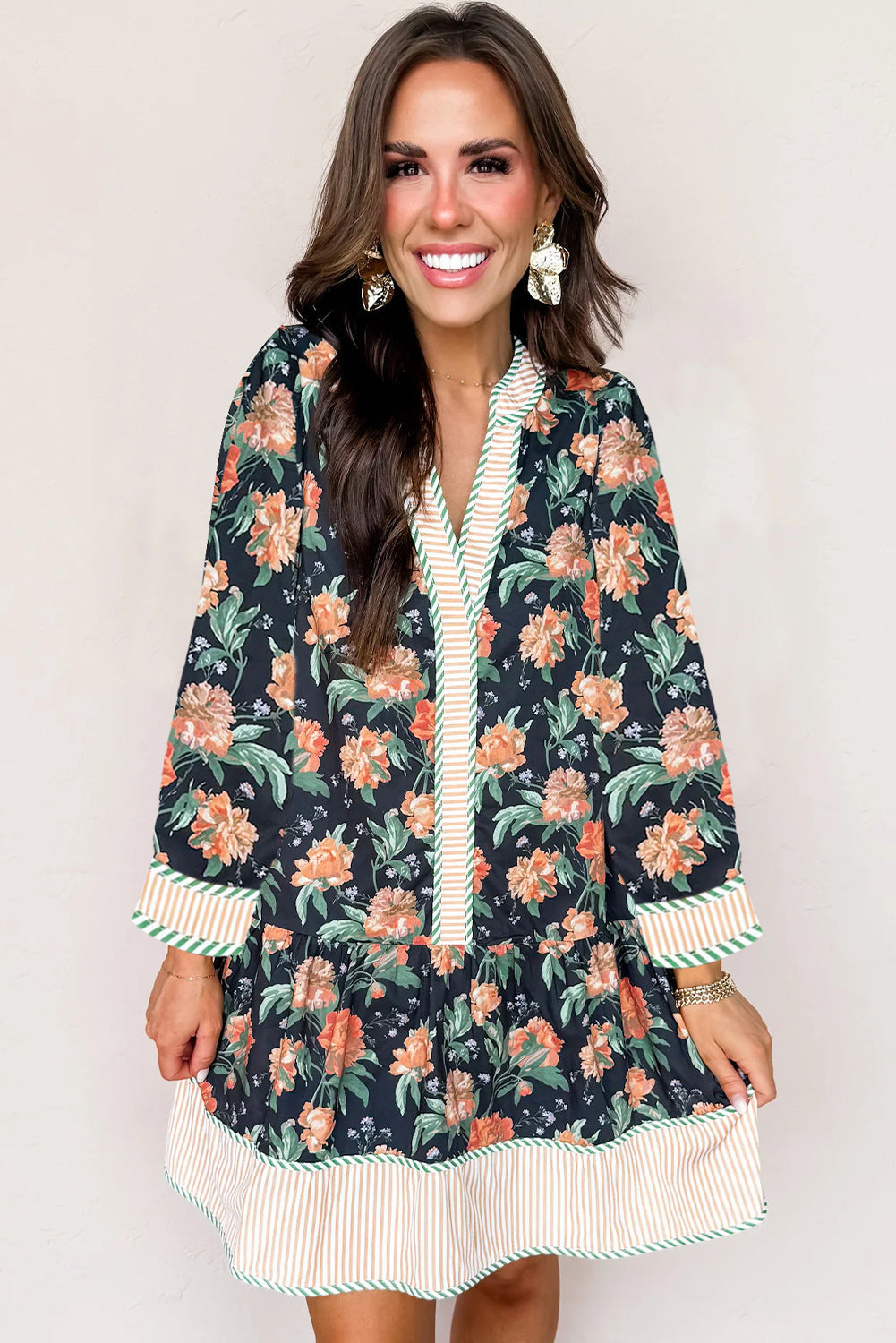 Floral Stripe Trim V-Neck Ruffle Hem Mini Dress