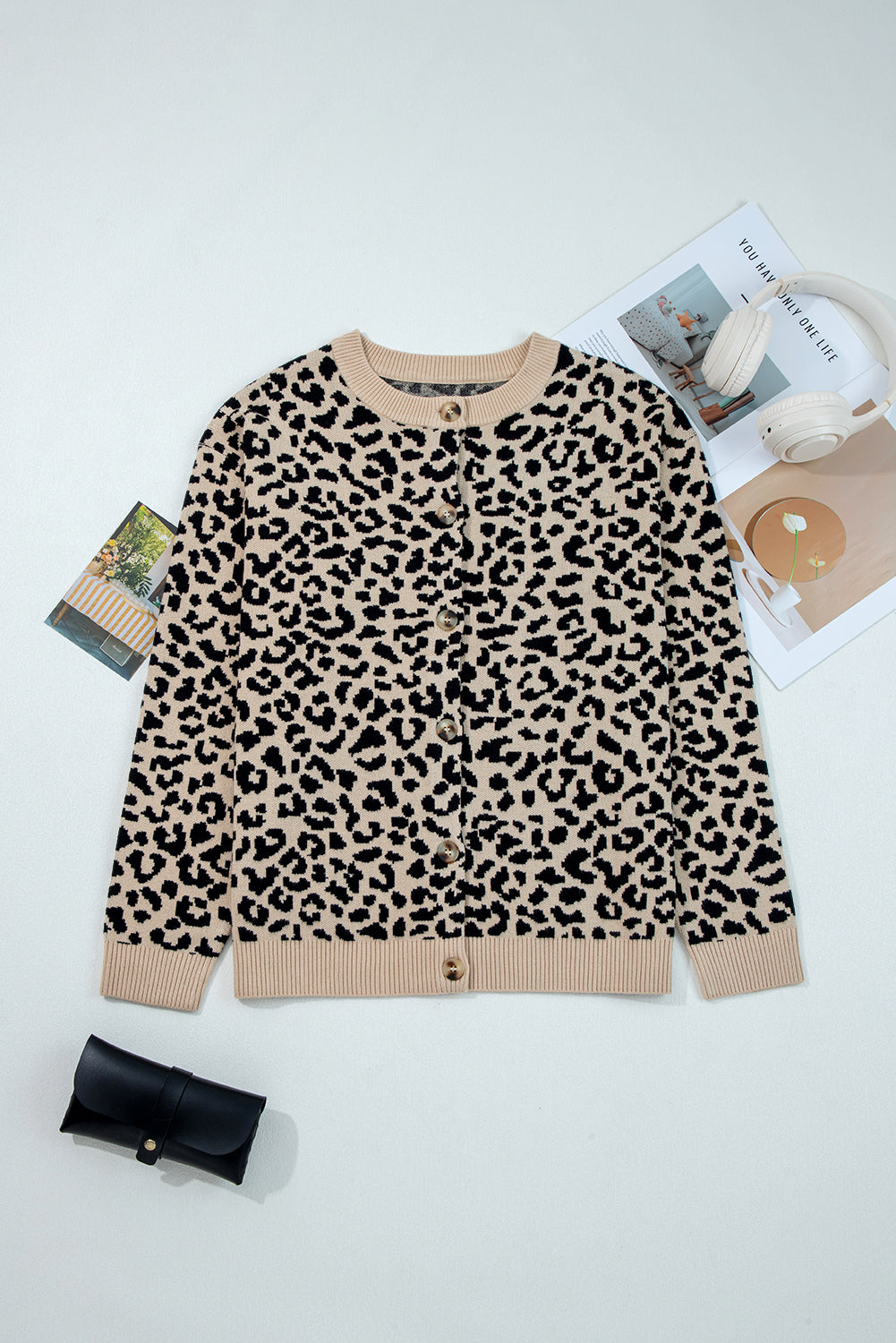 Leopard Drop Shoulder Chunky Cardigan Sweater