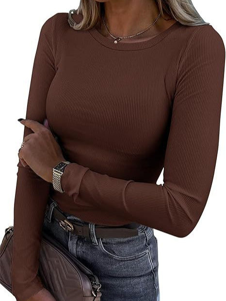 Long-sleeved Elastic Round Neck Rib T-shirt