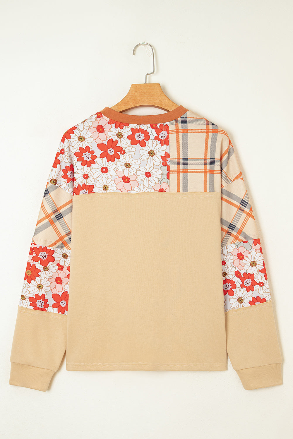 Floral Plaid Patchwork Long Sleeve Henley Top