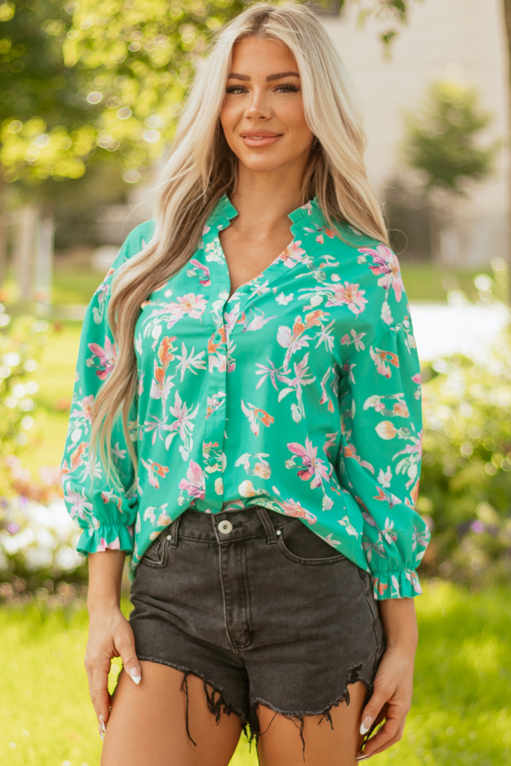 Floral Lantern Sleeve Buttoned Shirt