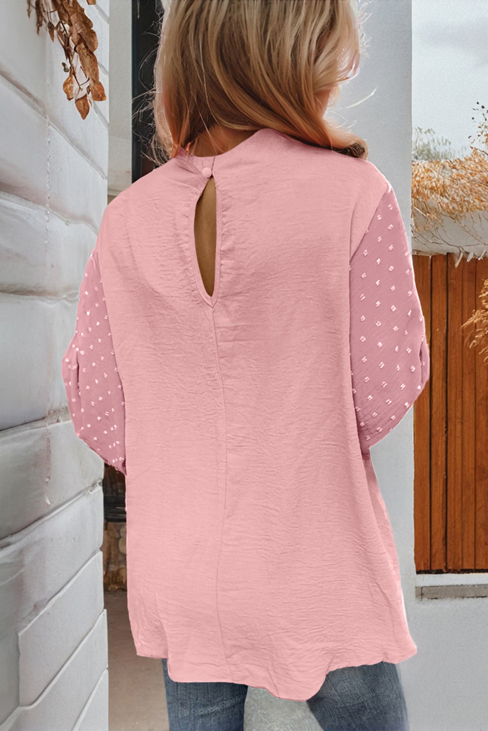 Solid Swiss Dot Balloon Sleeve Blouse