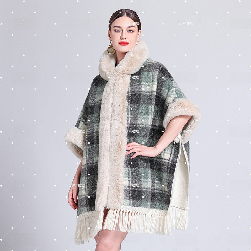 Hooded Fleece-Lined Cape with Tassel