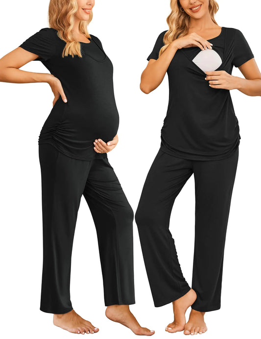 Ekouaer Nursing Pajama Set Maternity Sleepwear Set Delivery Loungewear Pregnancy Pajamas Nursing Pjs Black L - # BAGE211510121-NURSG