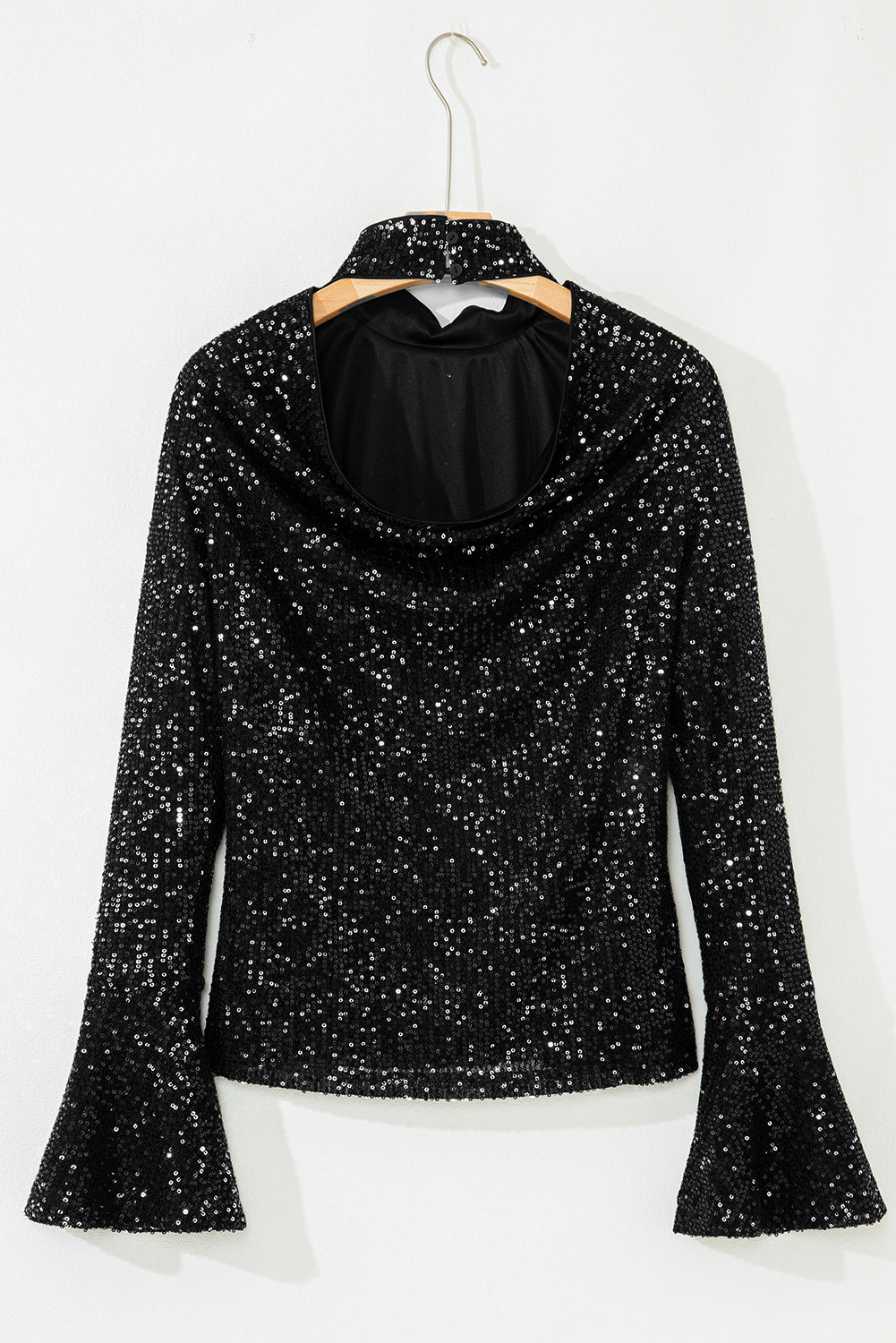Solid Sequin Backless Bell Sleeve Top