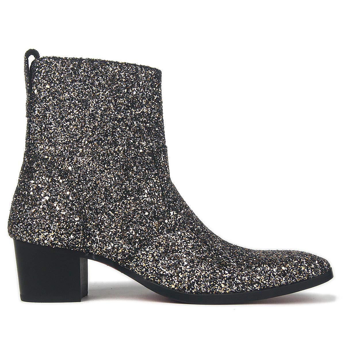 OSSTONE Dress Boot for Men Leather Glitter Chukka Designer Boots Casual Heel Shoes Zipper-up