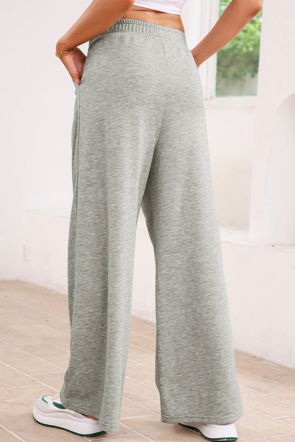 Solid Tied High-Waist Pleated Sweatpants