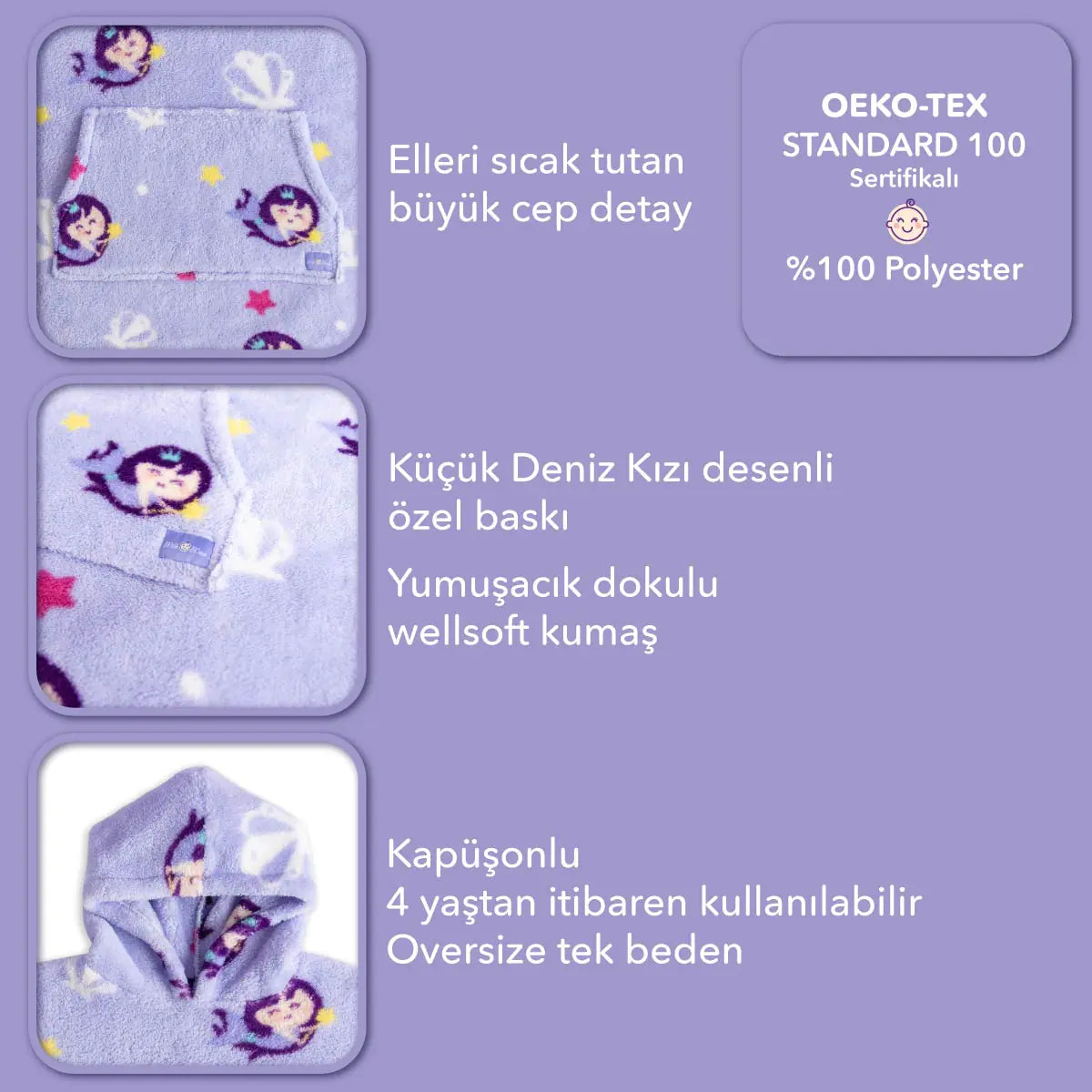 Milk&Moo Little Mermaid Wearable Blanket Hoodie Kid Boys Girls Purple - # BAGE41210017