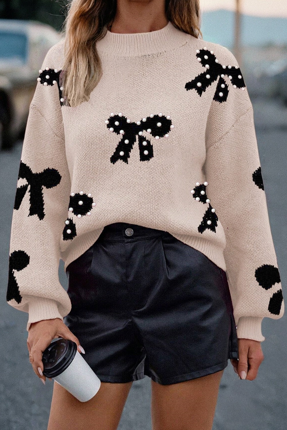 Bow Pearl Embellished Drop Shoulder Sweater