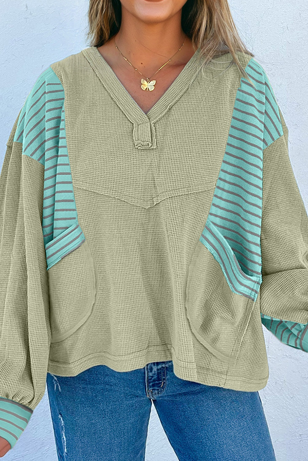 Stripe Patchwork Waffle Knit V-Neck Pullover
