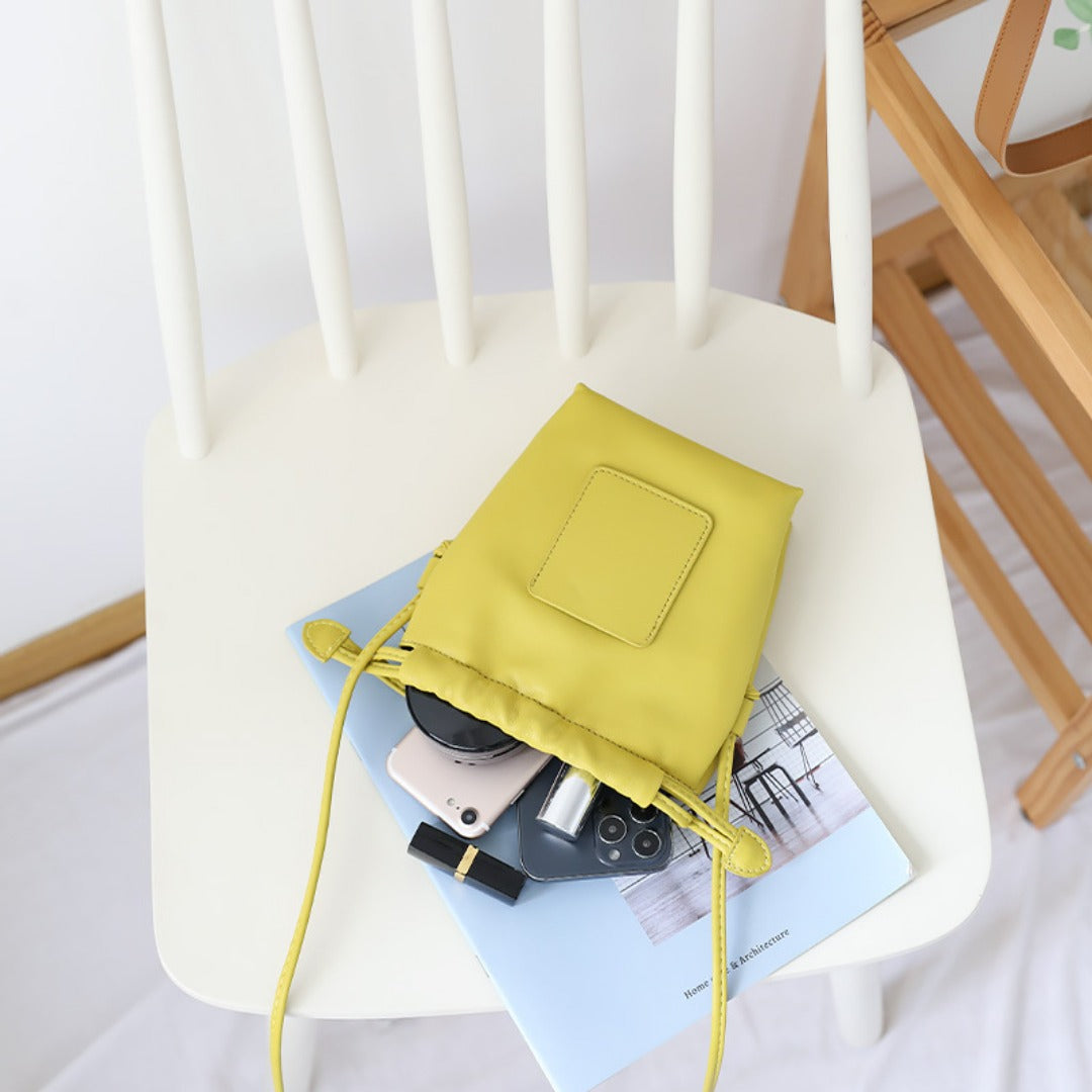 Soft PU Cute Mini Mobile Phone Bag - Fashionable Pleated Shoulder Women's Bag, Simple Drawstring Crossbody Small Square Bag