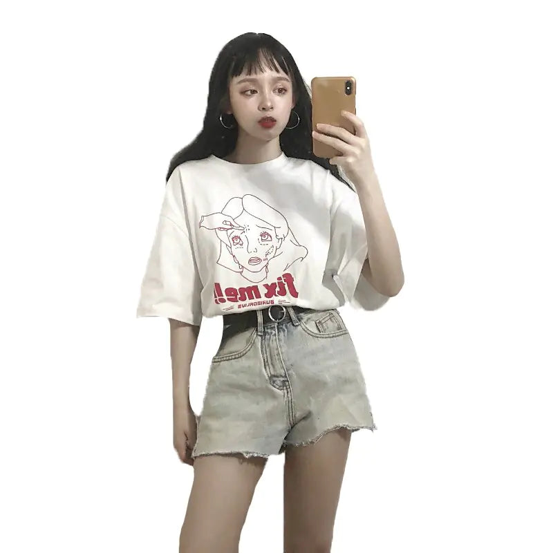 Loose Cartoon Girl Short Sleeve T-Shirt for Summer - # GIAA23510027