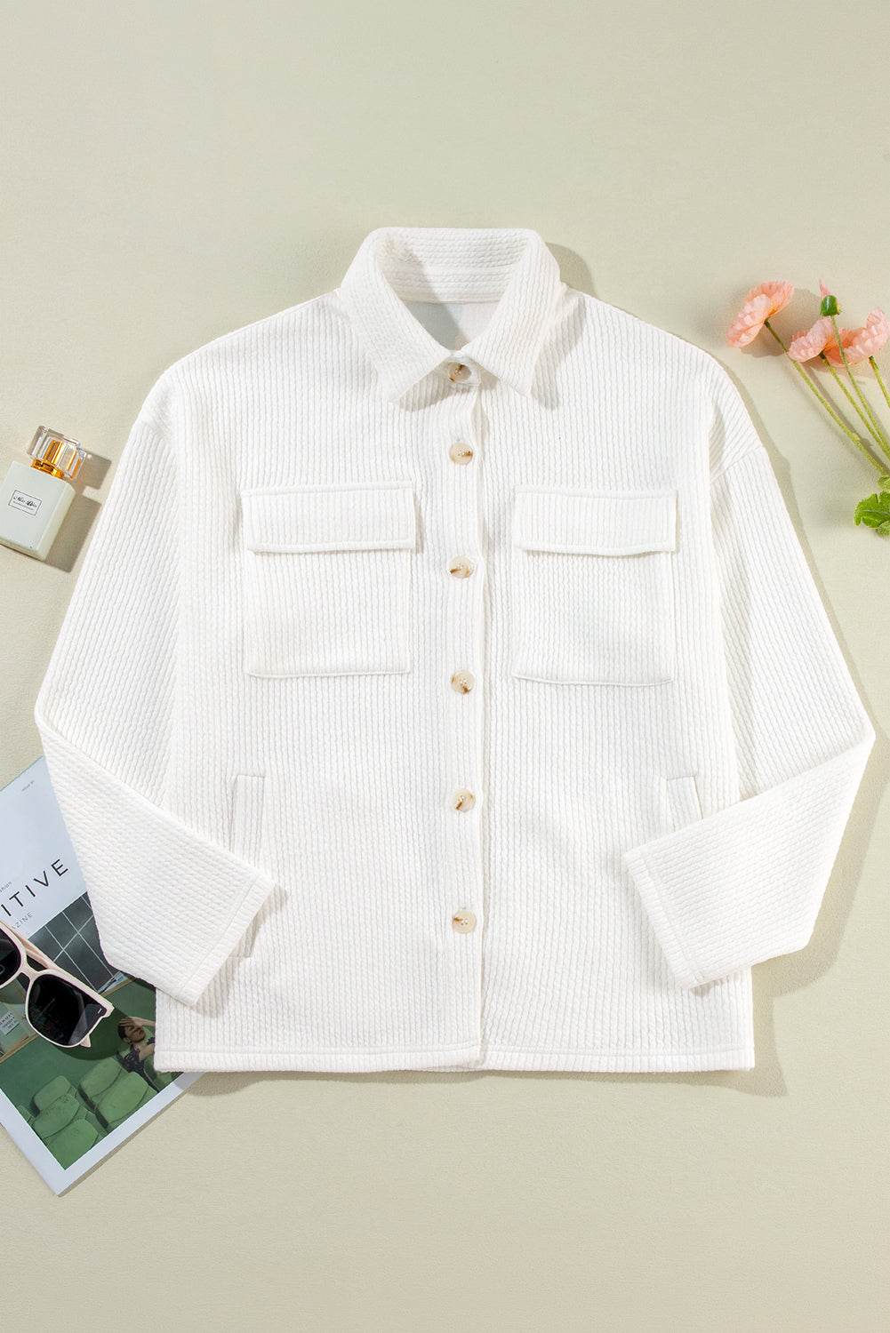 Solid Corduroy Button-Up Long Sleeve Jacket