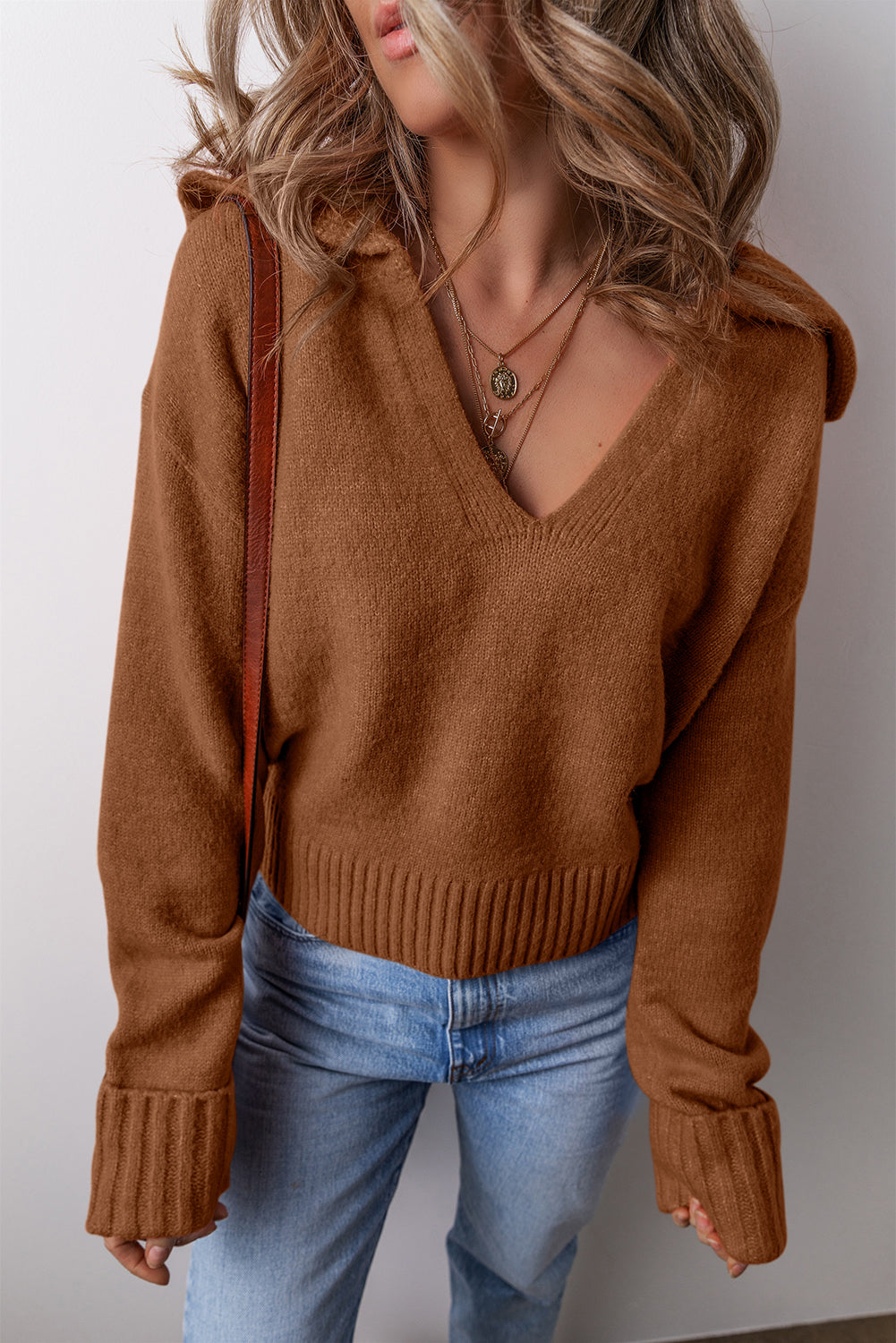 Solid Collared V-Neck Ribbed Edge Sweater